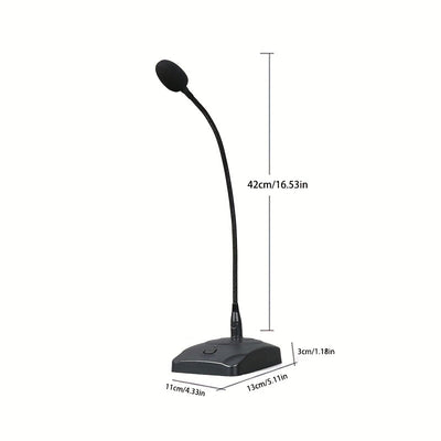 Micrófono de escritorio dinámico con cuello de cisne, construcción metálica, negro, conector de 6,35 mm, alimentado por batería (batería no incluida), voltaje de funcionamiento ≤36 V, para amplificador/altavoz/ordenador