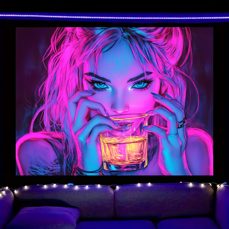 1 ud., tapiz fluorescente, patrón de arte de chica bebiendo neón 2D/Plano, decoración psicodélica para paredes, decoración multiusos para el hogar, interior y exterior, decoración de sala de estar, decoración de habitaciones, decoración para salas de jue