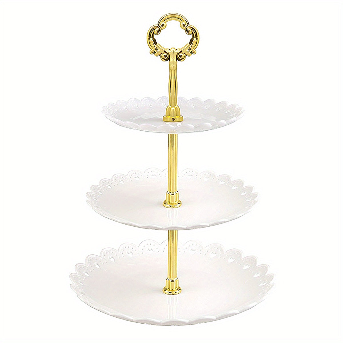 Soporte de pastel redondo de 3 niveles con asas doradas - Soporte de postre duradero de polipropileno para pasteles, cupcakes y pasteles - Ideal para fiestas, cumpleaños, duchas y decoración de mesa elegante, suministros para decoración de pasteles