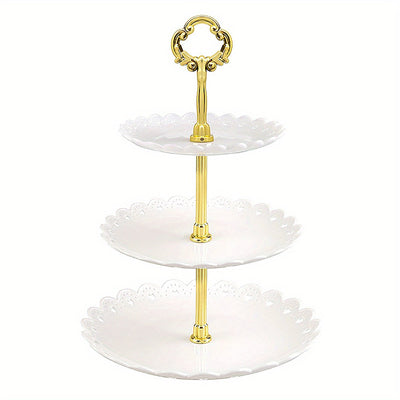 Soporte de pastel redondo de 3 niveles con asas doradas - Soporte de postre duradero de polipropileno para pasteles, cupcakes y pasteles - Ideal para fiestas, cumpleaños, duchas y decoración de mesa elegante, suministros para decoración de pasteles