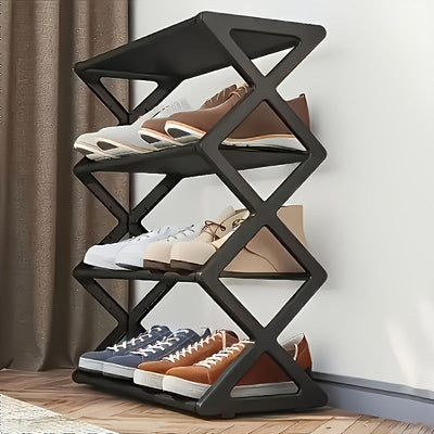 Estante de zapatos de 4 niveles que ahorra espacio - Estante de almacenamiento duradero de metal y plástico, adecuado para zapatos, botas, joyas, relojes - Diseño compacto negro/blanco, ideal para entrada, armario, espacios pequeños, organizador de pies