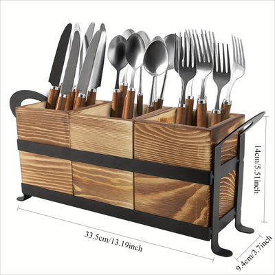 1pc Portaútiles, Bola de Utensilios Rústica con 3 Compartimentos, Organizador de Cocina para Encimera, Caja de Madera para Cubiertos, Tenedor, Cuchara y Espátula, Estilo Granja