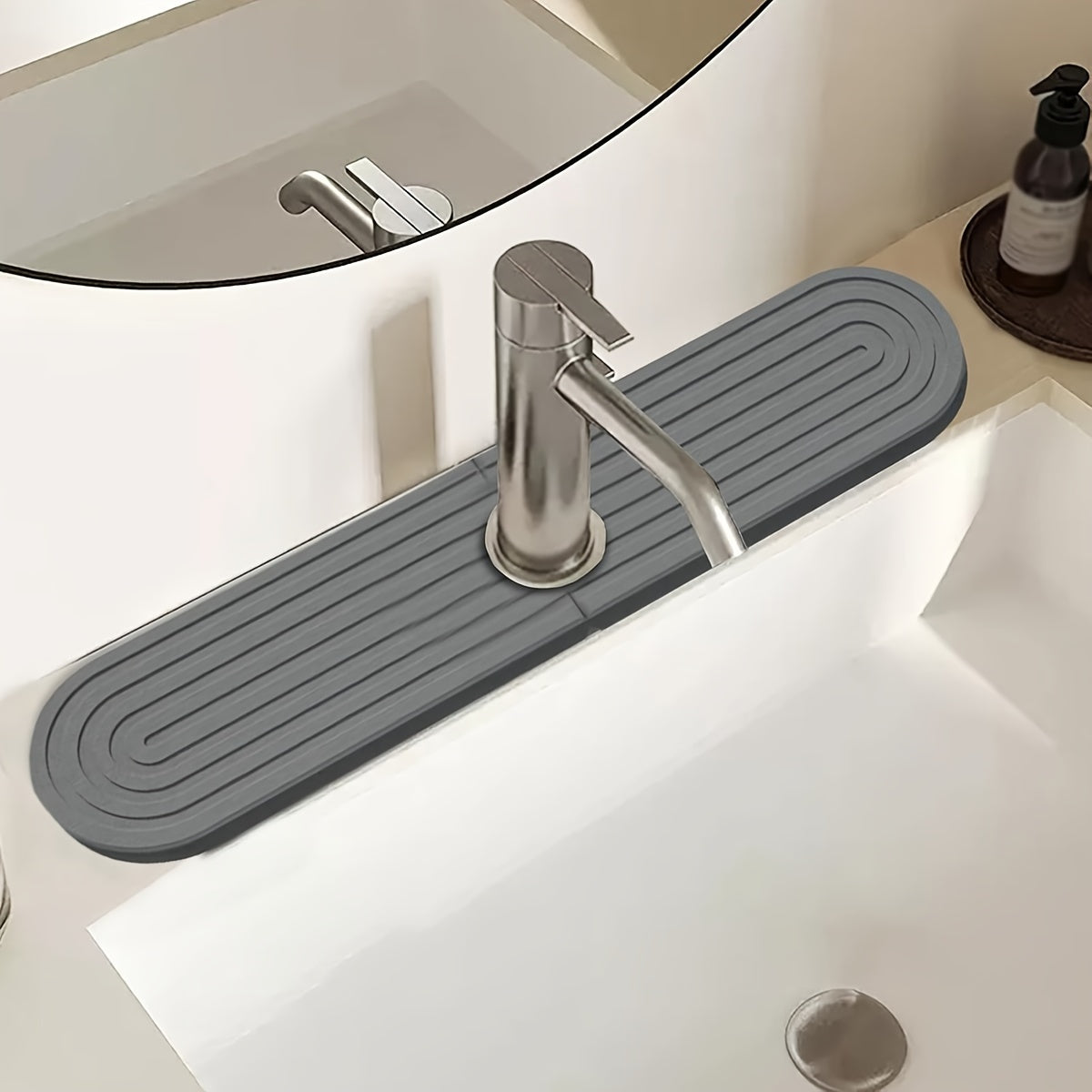 Alfombrilla de Fregadero de Cocina de Tierra de Diatomeas de Secado Rápido - 39.37cm Súper Absorbente, Bandeja de Grifo Resistente a la Humedad con Papel de Lija Incluido - Gris Claro