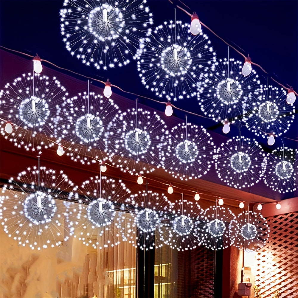 4 luces colgantes solares para exteriores tipo fuegos artificiales, cadena de luces LED, 240 LED esferas centelleantes, blanco cálido/multicolor/blanco, 8 modos, para patio, sombrilla, alero, jardín, árbol, carpa, decoración navideña