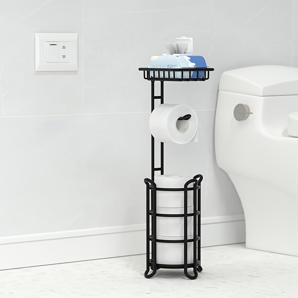 Soporte para papel higiénico de hierro forjado pintado, independiente, con estante adicional para rollos gigantes, teléfono, toallitas y difusor, instalación con adhesivo, para baño