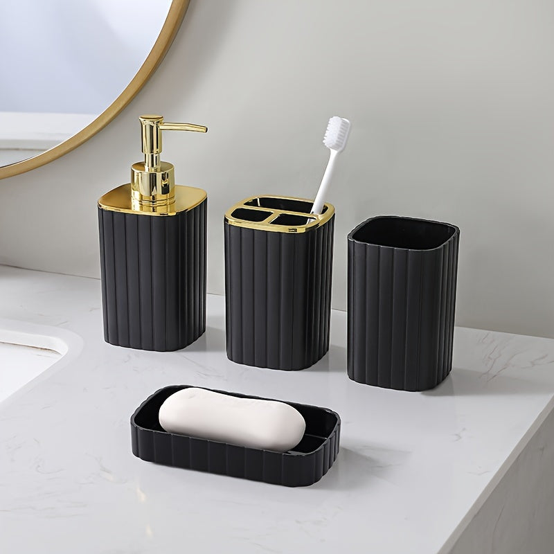 Juego de accesorios de baño de 6 piezas negro con soporte de cepillo de dientes, dispensador de jabón, bote de basura, cepillo de inodoro y soporte, plato de jabón - Plástico duradero, reutilizable, montaje en suelo