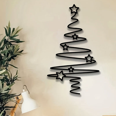 Arte de pared de árbol de Navidad de metal - Decoración navideña no eléctrica para interiores y exteriores, elegante árbol de metal negro con adornos de estrellas, perfecto para sala de estar, patio o jardín, decoración de pared de Navidad.