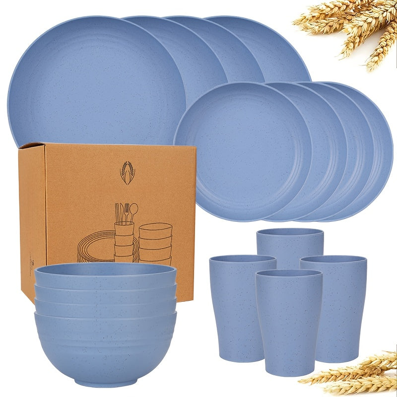 Juego de vajilla premium de paja de trigo, 16 piezas irrompibles, apto para microondas y lavavajillas, set negro con 8 platos, 4 tazones y 4 tazas