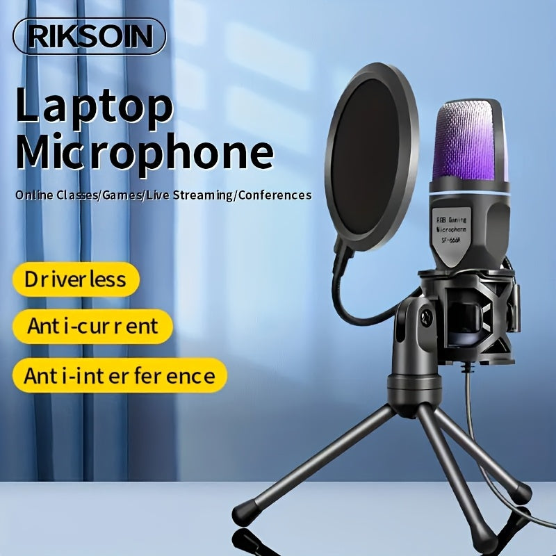 Micrófono para gaming, micrófono USB para PC, podcast, videos y streaming, micrófono condensador con función de silencio rápido, trípode, filtro antipop, luz indicadora RGB, montura antivibraciones, perilla giratoria de ganancia, compatible con PS4/5/PC