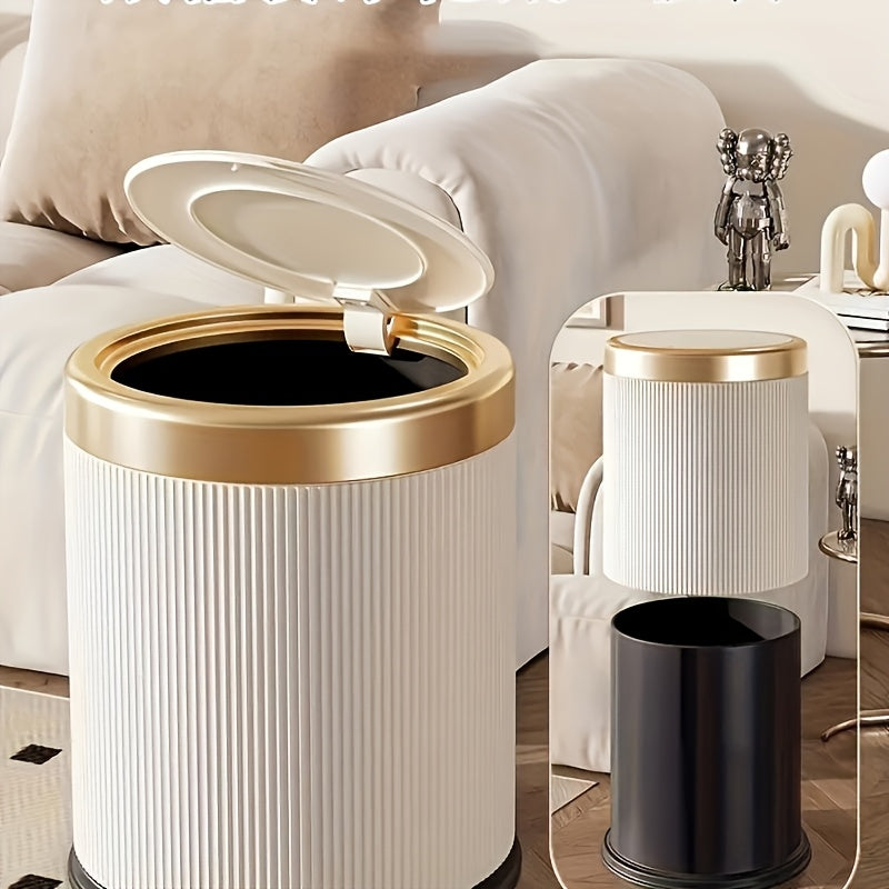 1pc Cubo de Basura Sin Manos con Tapa que se Abre Presionando, Diseño Cilíndrico Moderno y Duradero para Hogar Oficina Cocina Dormitorio, Detalles en Blanco y Dorado, Cesta Compacta Ahorra Espacio, Papelera Elegante, Cubo de Plástico Estilo, Diseño Funci