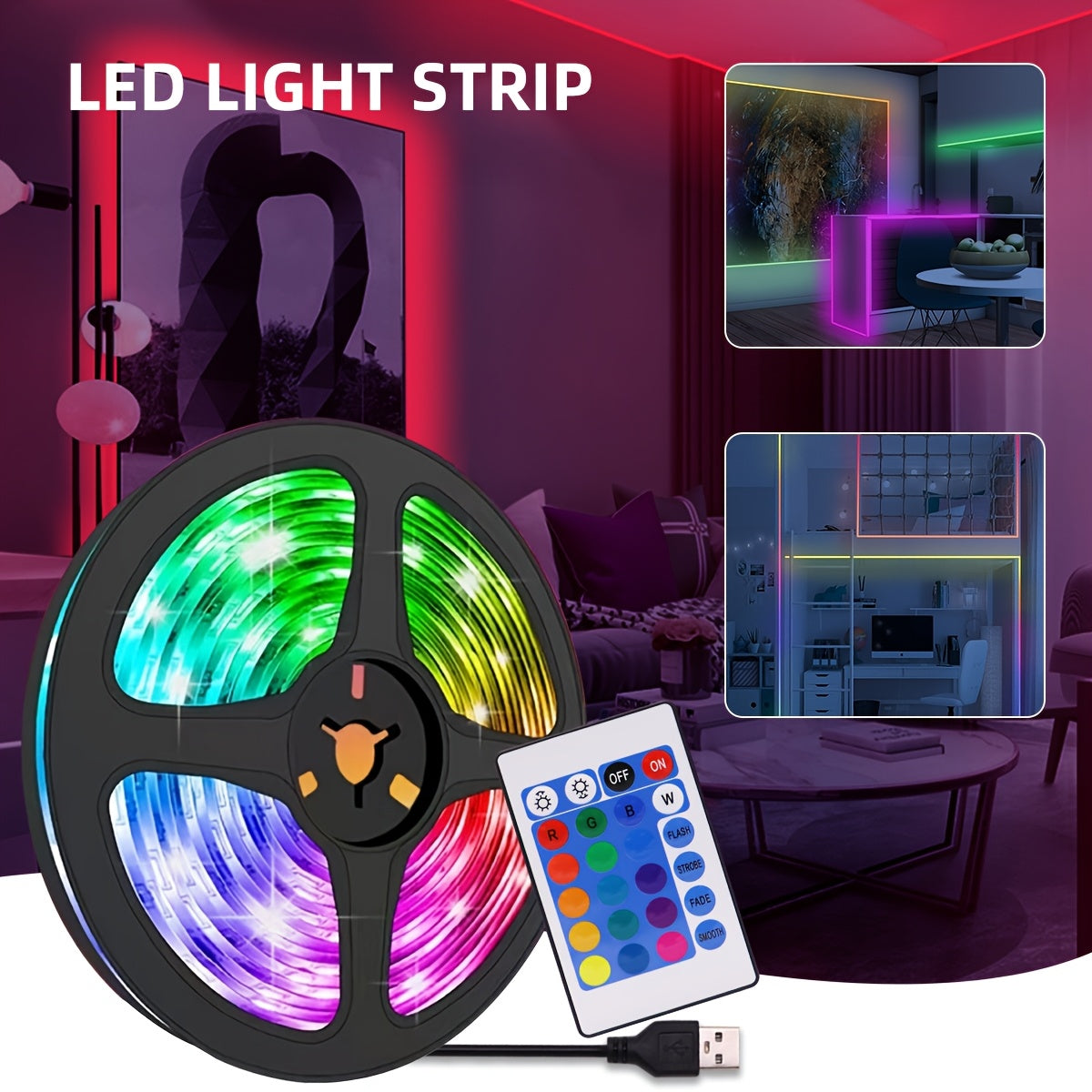Luces LED de tira alimentadas por USB, cinta flexible de cambio de color RGB 2835 con control remoto, operación de botón pulsador para decoración de interiores, fondo, cocina, ambiente de fiesta, decoración navideña sin batería