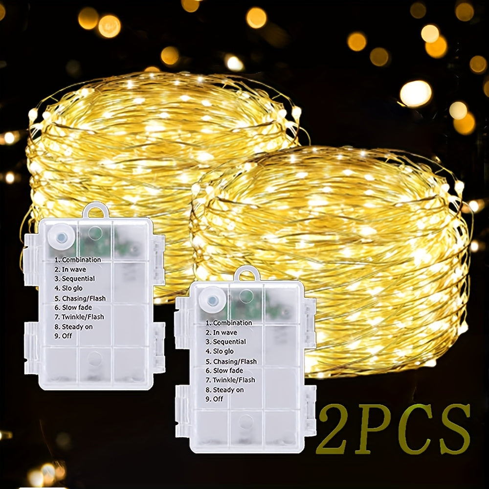 Conjunto de 2 Luces de Hadas con Pilas 8 Modos 50/100/200 LED Cable Plateado Impermeable IPX6 para Exteriores Luzes de Cadena para San Valentín Pascua Camping Cumpleaños Cerca Jardín Fiesta Boda Dormitorio Decoraciones Blanco Cálido/Blanco/Multicolor, Lu