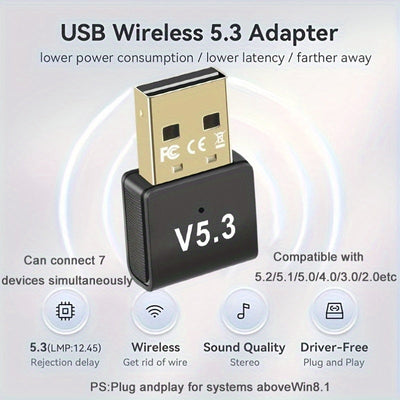 Adaptador de red USB '5.3 Adaptador inalámbrico, enchufa y juega sin controlador, admite conexiones de varios dispositivos para auriculares/altavoces/tabletas/teclados y ratones/controladores de juegos/máquinas de grabado/ordenadores/teléfonos móviles