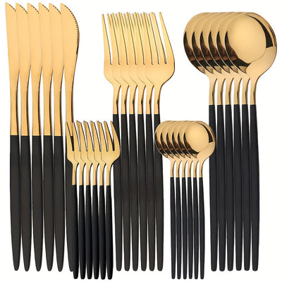 Juego de cubiertos de acero inoxidable, 30 piezas, dorado y dorado con mango negro, pulido espejo, resistente, apto para lavavajillas, incluye tenedores, cuchillos y cucharas