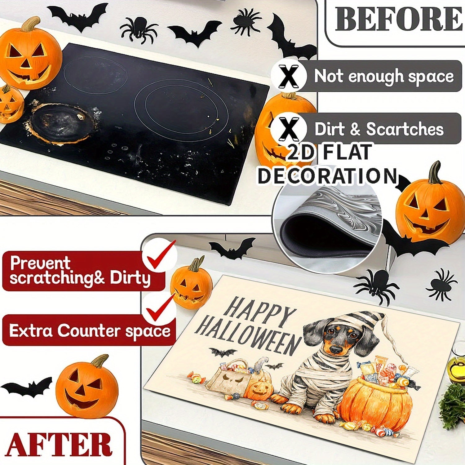 1pc Cubierta Decorativa para Estufa de Halloween - Forro Antideslizante con Base de Goma, Simulador de Quemador Eléctrico/Gas, Decoración Espeluznante para Cocina con Texto "Feliz Halloween" - Compatible con la Mayoría de Estufas, Fácil Instalación para
