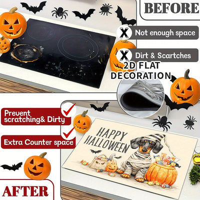 1pc Cubierta Decorativa para Estufa de Halloween - Forro Antideslizante con Base de Goma, Simulador de Quemador Eléctrico/Gas, Decoración Espeluznante para Cocina con Texto "Feliz Halloween" - Compatible con la Mayoría de Estufas, Fácil Instalación para