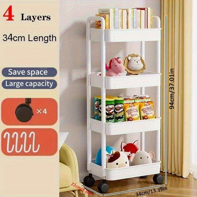 Carro de Almacenamiento Rodante de 3/4 Niveles - Plástico Duradero con Ruedas Silenciosas de 360° para Fácil Movimiento, Disponible en Blanco y , Incluye 4 Ganchos Pequeños, Ideal para Organización del Baño & Dormitorio, Libros y Artículos Esenciales del