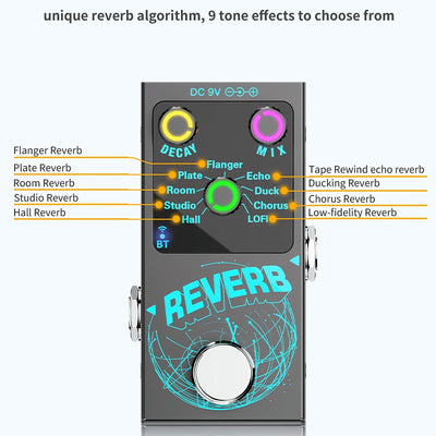 Pedal de Reverb Digital Negro 9-en-1 con Perillas Iluminadas - Incluye Flanger, Plate, Room, Studio, Hall, Tape Echo, Ducking, Chorus, Efectos Low-Fi - Decaimiento/Mix Ajustable, Acompañamiento Inalámbrico, Alimentación DC y Tipo-C, Gran Interruptor de P