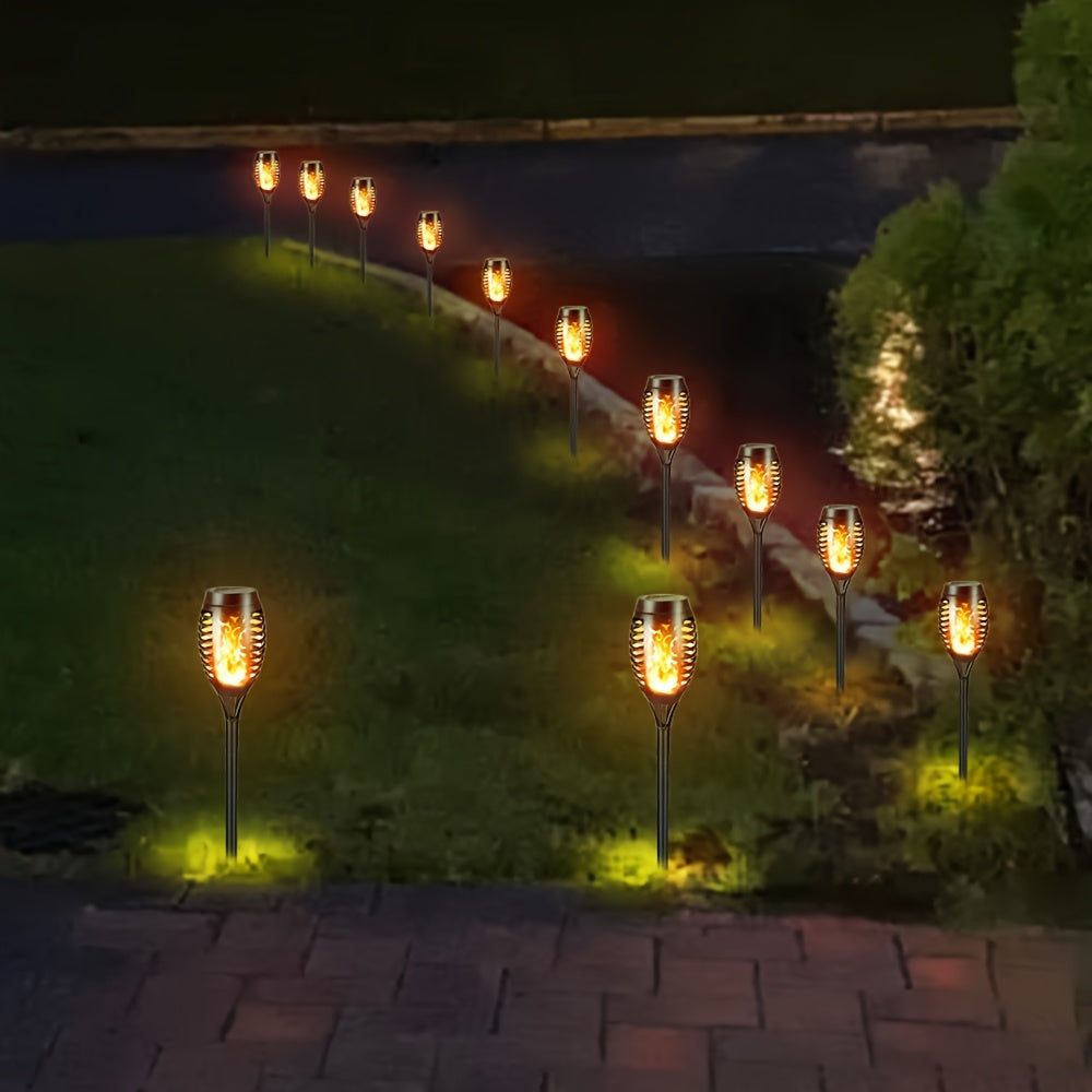 8 luces antorchas solares con efecto de llama parpadeante - Lámparas decorativas de llama simulada cálida para jardín, césped, camping y iluminación ambiental exterior, antorcha para jardín | Efecto de llama parpadeante | Cuerpo de plástico duradero, luc