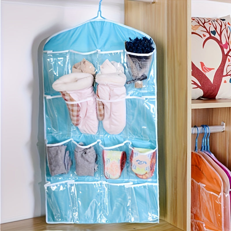 Organizador Colgante de 16 Bolsillos para Ropa, Calcetines y Ropa Interior - Bolsa de Almacenamiento de Poliéster Duradero con Bolsillos de Malla Transparente - Solución Montada en Pared o Puerta para Ahorrar Espacio en Dormitorio, Armario y Organización