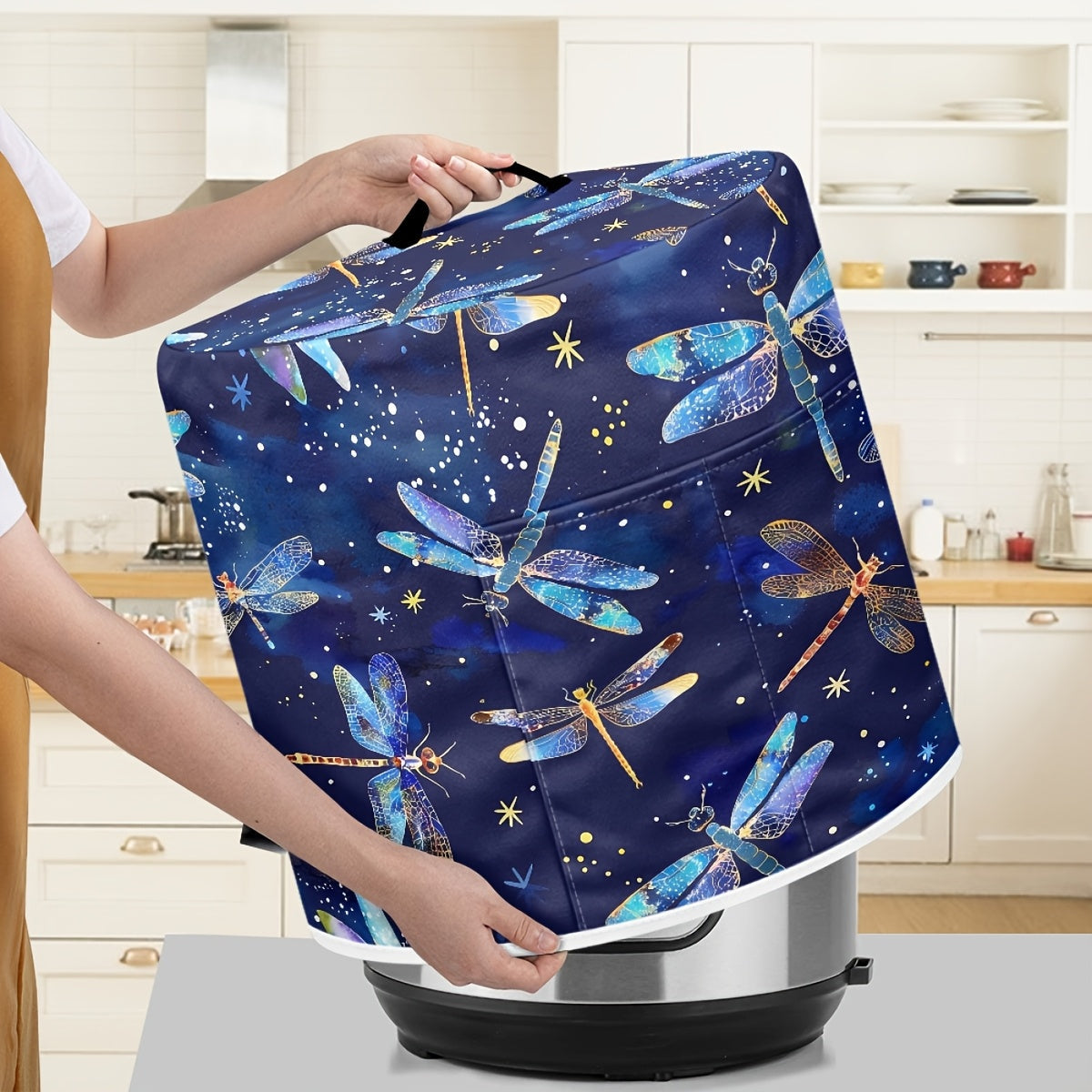 Funda antipolvo lavable con diseño de libélula para olla a presión de 8 cuartos, freidora de aire y olla arrocera - Incluye bolsillos de almacenamiento, diseño decorativo azul y dorado, protector de electrodomésticos de cocina, accesorio para electrodomé