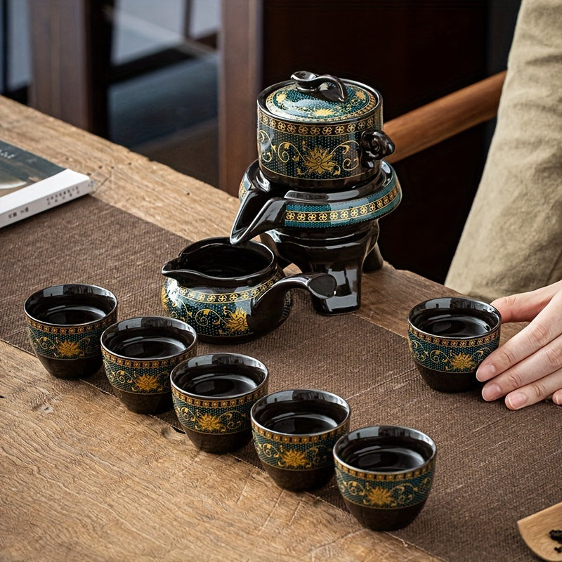 Tetera giratoria de grafito y juego de tazas en caja de regalo - Estilo kungfu vintage para decoración del hogar y amantes del té, set de tazas