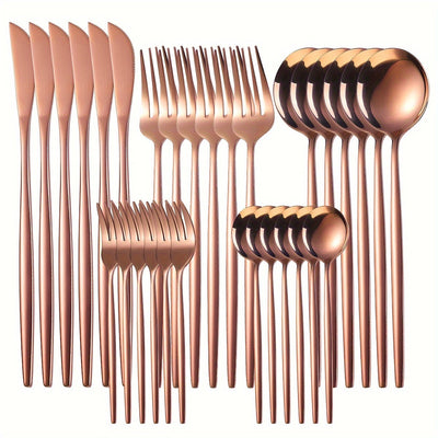 Juego de Vajilla Estilo Portugués de Acero Inoxidable de 30 Piezas, Cuchillo, Tenedor y Cucharas para Postre de Alta Gama, Apto para Lavavajillas, Ideal para Hogar, Cocina, Hotel, Restaurante, Fiestas, Festividades, Acción de Gracias, Pascua, Navidad y B