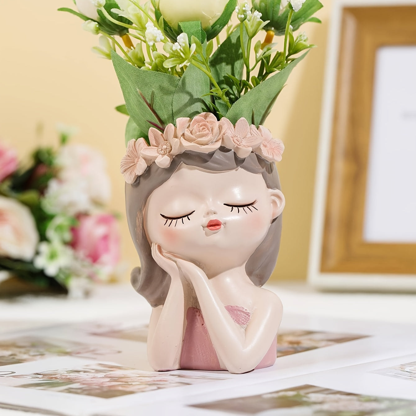 1 unidad, florero de resina, diseño de figura de niña, maceta decorativa, decoración para el hogar, centro de mesa, acento para interiores, decoración floral rosa