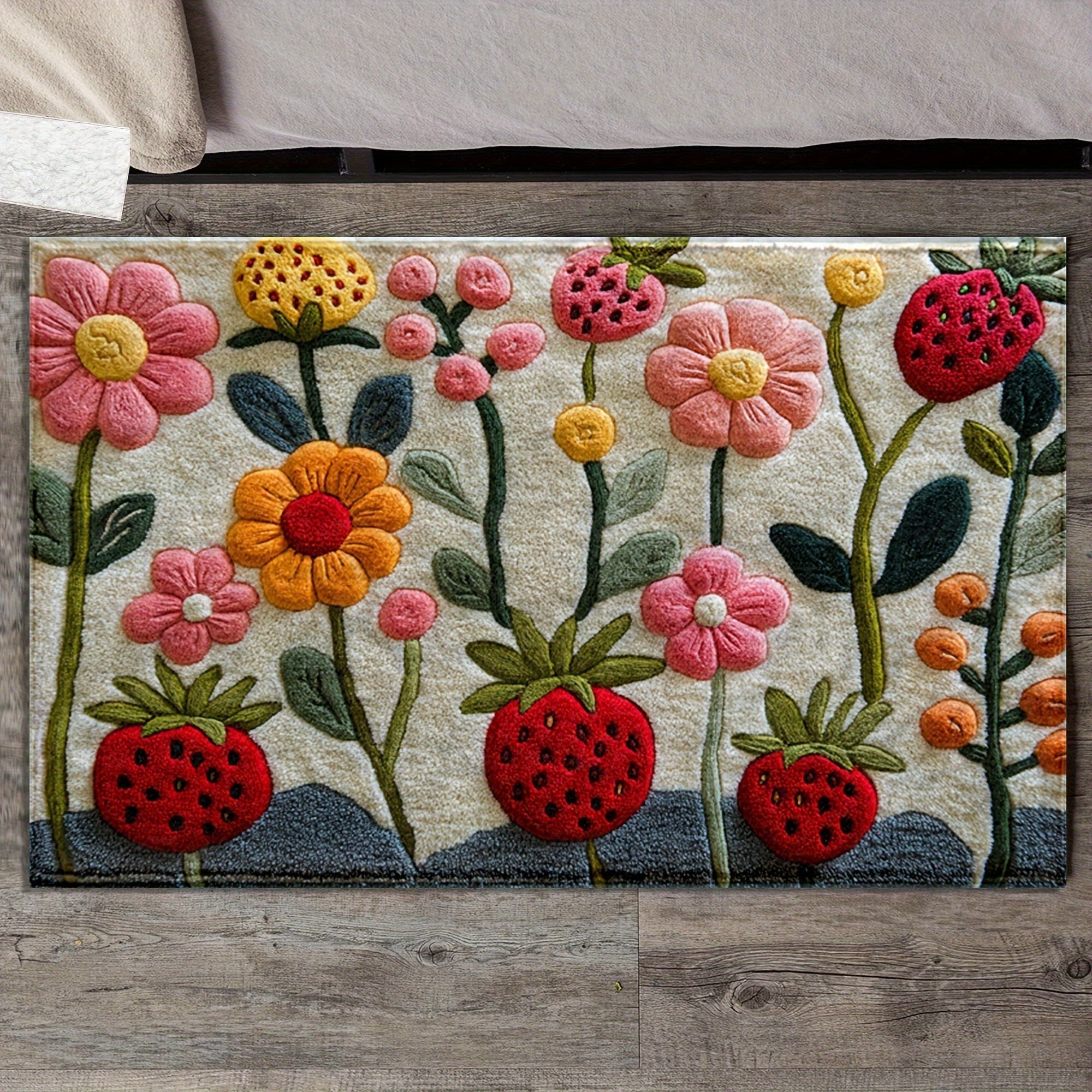 Alfombra de baño de diseño floral y fresa 3D - Antideslizante, absorbente, lavable de fibra de poliéster, ideal para decoración de dormitorio, baño y entrada, decoración de hogar estacional, alfombra de baño | Alfombra de piso decorativa | Alfombra absor