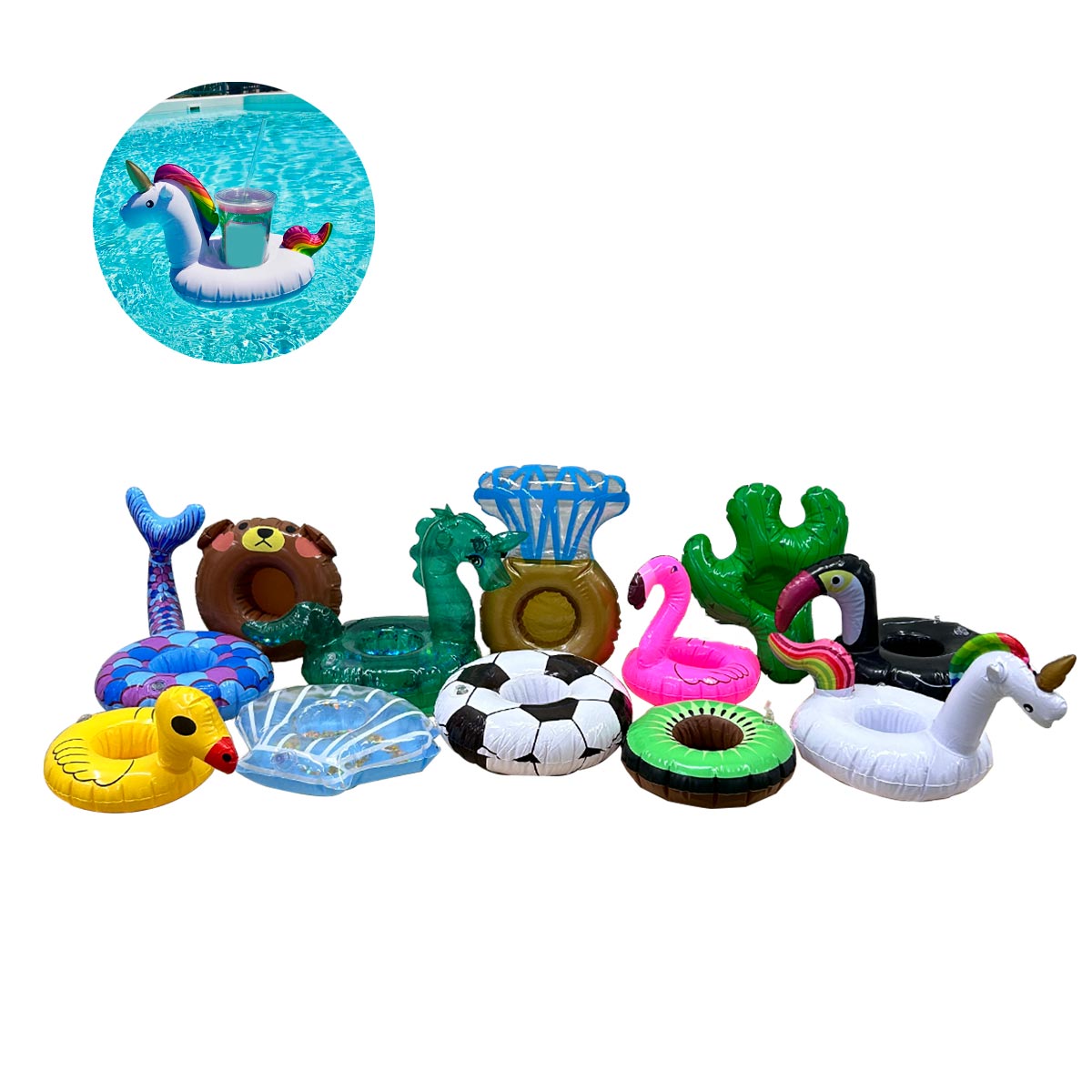 Flotadores Portavasos Tropicales x12 Variados Inflables Piscina XPV