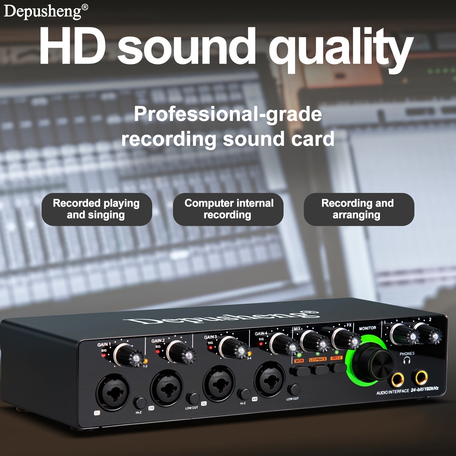 Interfaz de audio USB profesional DEPUSHENG, tarjeta de sonido con calidad HD, alimentación fantasma, conector para auriculares y 8 preamplificadores de micrófono - Consola de estudio para PC, podcasting, transmisión en vivo y videojuegos (24 bits/192 kH