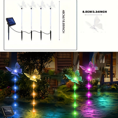 Juego de 4 luces solares en forma de mariposa, luces de jardín de plástico con montaje semi empotrado y 8 modos, iluminación decorativa exterior alimentada por energía solar para el jardín, patio, parterres y decoración del hogar.