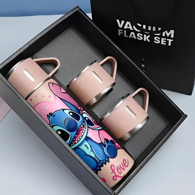 Juego de 1 termo de acero inoxidable Disney Stitch de 17 oz, taza térmica a prueba de fugas con 3 tazas para bebidas frías y calientes, ideal para viajes de negocios y útiles escolares, modelo LHB03211