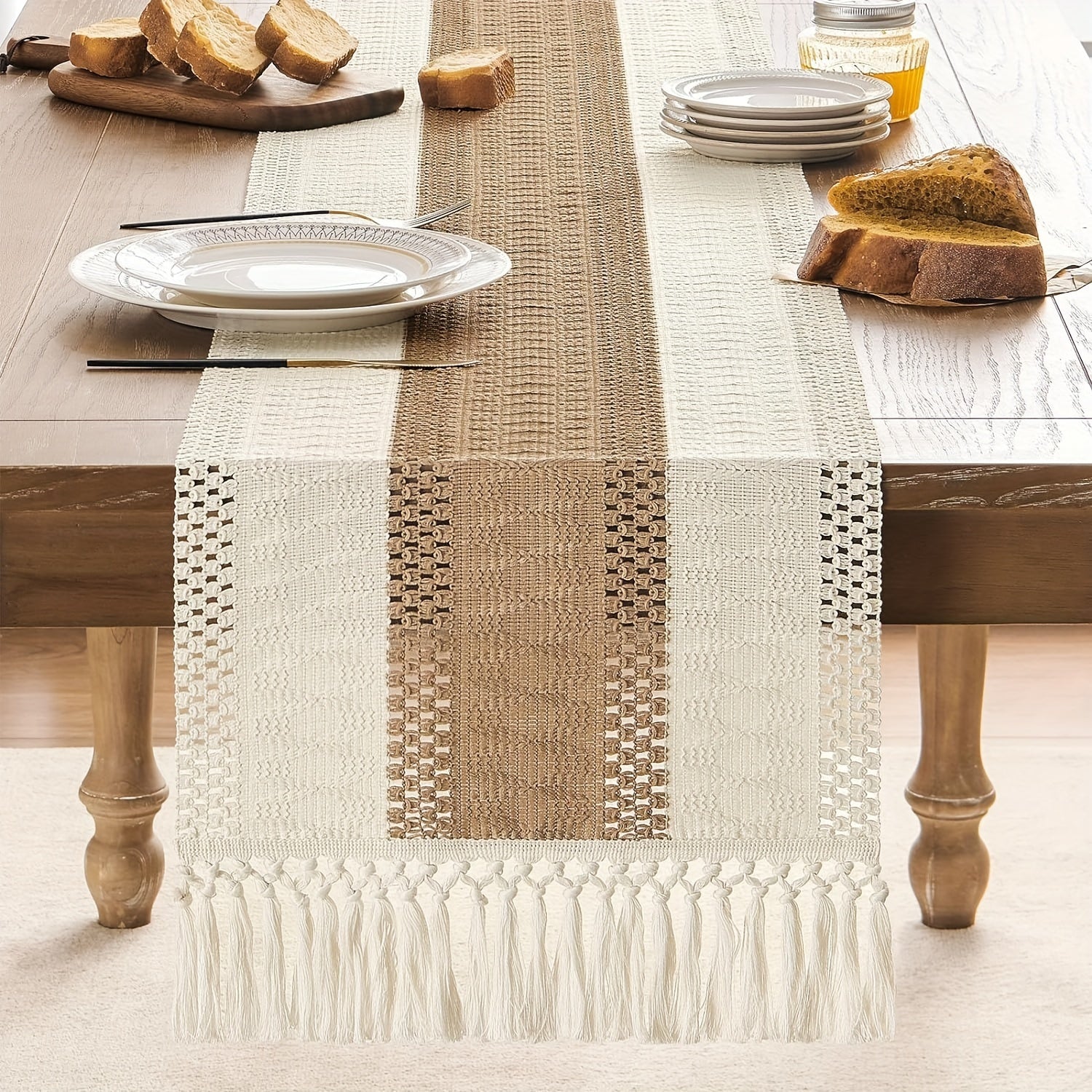 1 pza. Camino de mesa de poliéster tejido a mano estilo bohemio, con borlas, camino de mesa de estilo rústico para mesa de centro, mantel color crema y marrón, adecuado para bodas, catering, fiestas, vacaciones y decoración del hogar, decoración navideña