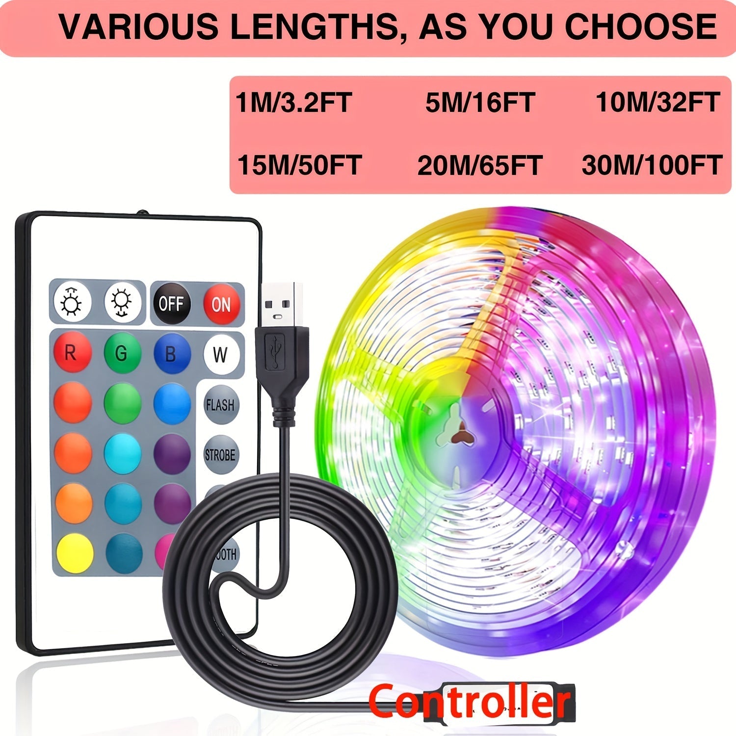 Luces de Tira LED LCUTML, 91.44-3048.0cm con Control Remoto IR24KEY, Múltiples Modos Dinámicos, Alimentado por USB, Fácil de Instalar, Colores Vibrantes para Decoración de Dormitorio, Iluminación de Fiesta, Retroiluminación de TV y Escenario, Decoración