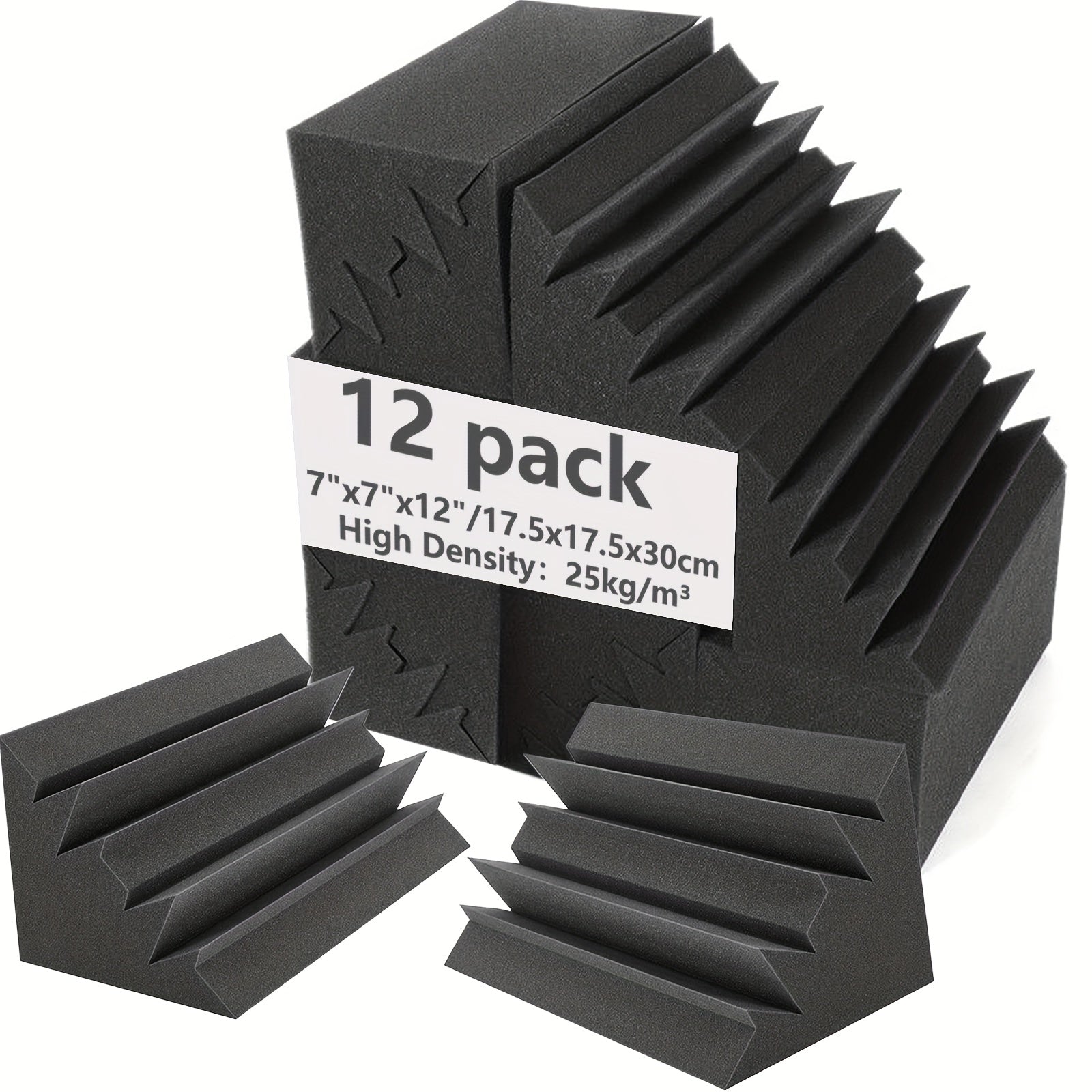 12 Piezas de Espuma Acústica Negra de Alta Densidad para Esquinas, 17.5x17.5x30 cm, Paneles Antirruido en Forma de Cuña para Estudios de Grabación, Salas de Música y Cines Caseros, Absorción de Bajas Frecuencias, Superficie Texturizada para Mayor Aislami