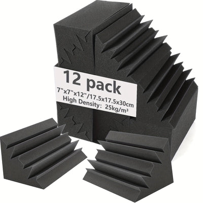 12 Piezas de Espuma Acústica Negra de Alta Densidad para Esquinas, 17.5x17.5x30 cm, Paneles Antirruido en Forma de Cuña para Estudios de Grabación, Salas de Música y Cines Caseros, Absorción de Bajas Frecuencias, Superficie Texturizada para Mayor Aislami