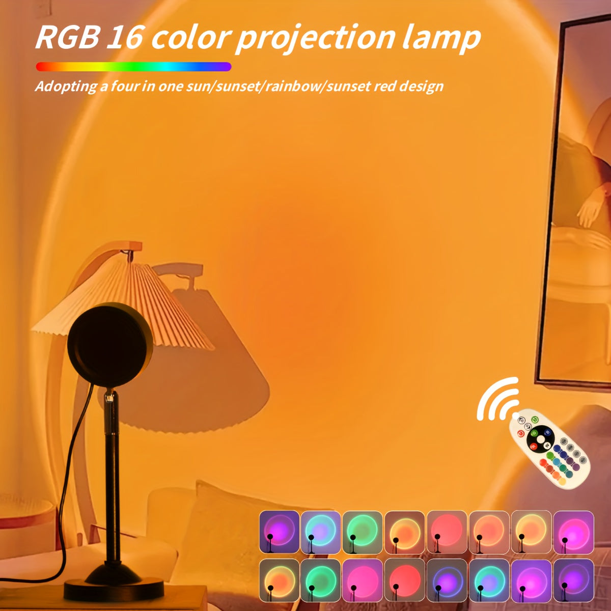 1 pieza de lámpara de proyección creativa de puesta de sol, control remoto, alimentada por USB para conveniencia, fácil cambio de 16 colores de luz, brillo ajustable, iluminación suave y uniforme, ideal para crear un ambiente romántico en dormitorios y s