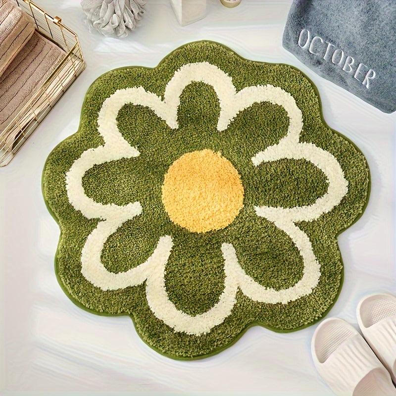 1pc Alfombra de Suelo con Diseño Floral de Margaritas - Forma Irregular, Base Antideslizante en PVC, Lavado a Mano, Decoración Acogedora para Dormitorio o Baño, Regalo Ideal para Fiestas, Textura Tejida Suave y Duradera, Material Resistente, Diseñadores
