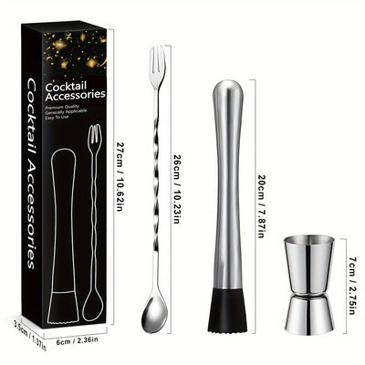3 piezas de acero inoxidable, juego de mezcladores de cócteles, accesorios de bar con muddler de hielo, cuchara para revolver, taza de medición recta y abridor de botellas, kit de herramientas de bar duraderas para uso doméstico y profesional