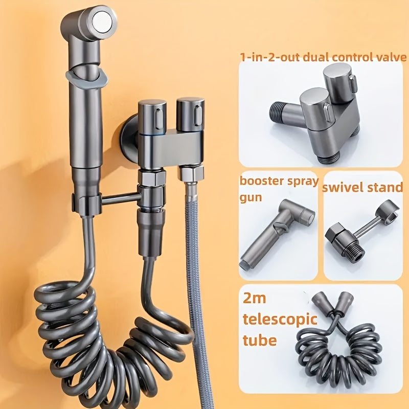 Juego de Cabezal de Ducha y Bañera Manual de Acero Inoxidable de 4 Piezas, Válvula Angular de Control Doble Uno en Dos Salidas, Divisor de Grifo de Baño, Pistola Pulverizadora de Mano Presurizada de Acero Inoxidable para Baño, Dispositivo de Lavado Femen