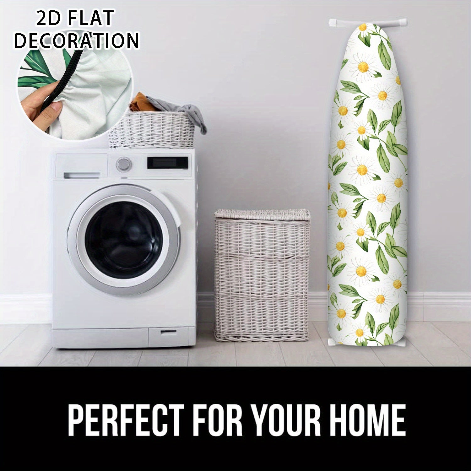 Funda de tabla de planchar 2D de diseño plano - Tamaño completo, relleno resistente al quemado, borde elástico, resistente, lavable en máquina - 1 pieza, blanco con patrón floral amarillo y verde, ideal para decoración de la habitación de lavado en casa,