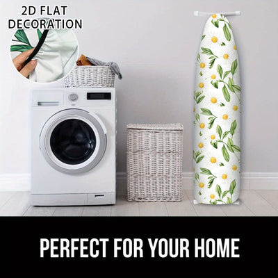 Funda de tabla de planchar 2D de diseño plano - Tamaño completo, relleno resistente al quemado, borde elástico, resistente, lavable en máquina - 1 pieza, blanco con patrón floral amarillo y verde, ideal para decoración de la habitación de lavado en casa,