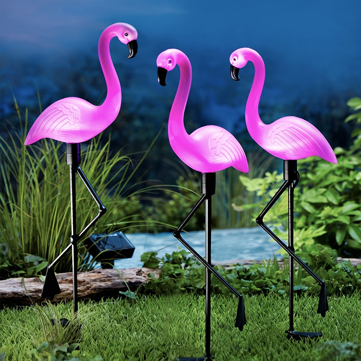 Juego de 3 luces solares con forma de flamenco, decoración para jardín, luces solares para exteriores, estacas decorativas para césped, estanque o patio trasero