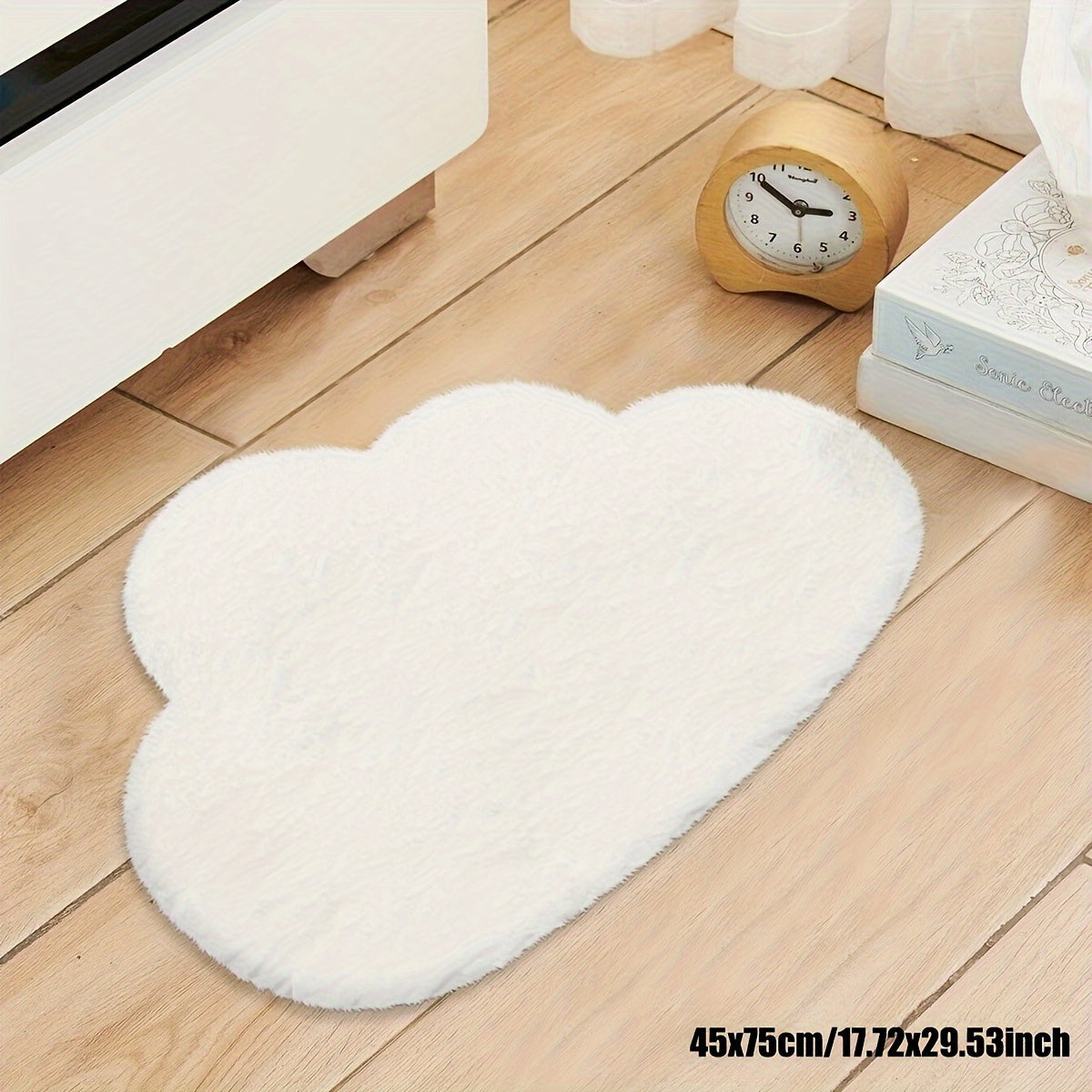 Alfombra de área suave de imitación de piel de conejo, forma de nube, decoración de dormitorio antideslizante, material de poliéster, lavado a mano únicamente, uso en interiores, blanco