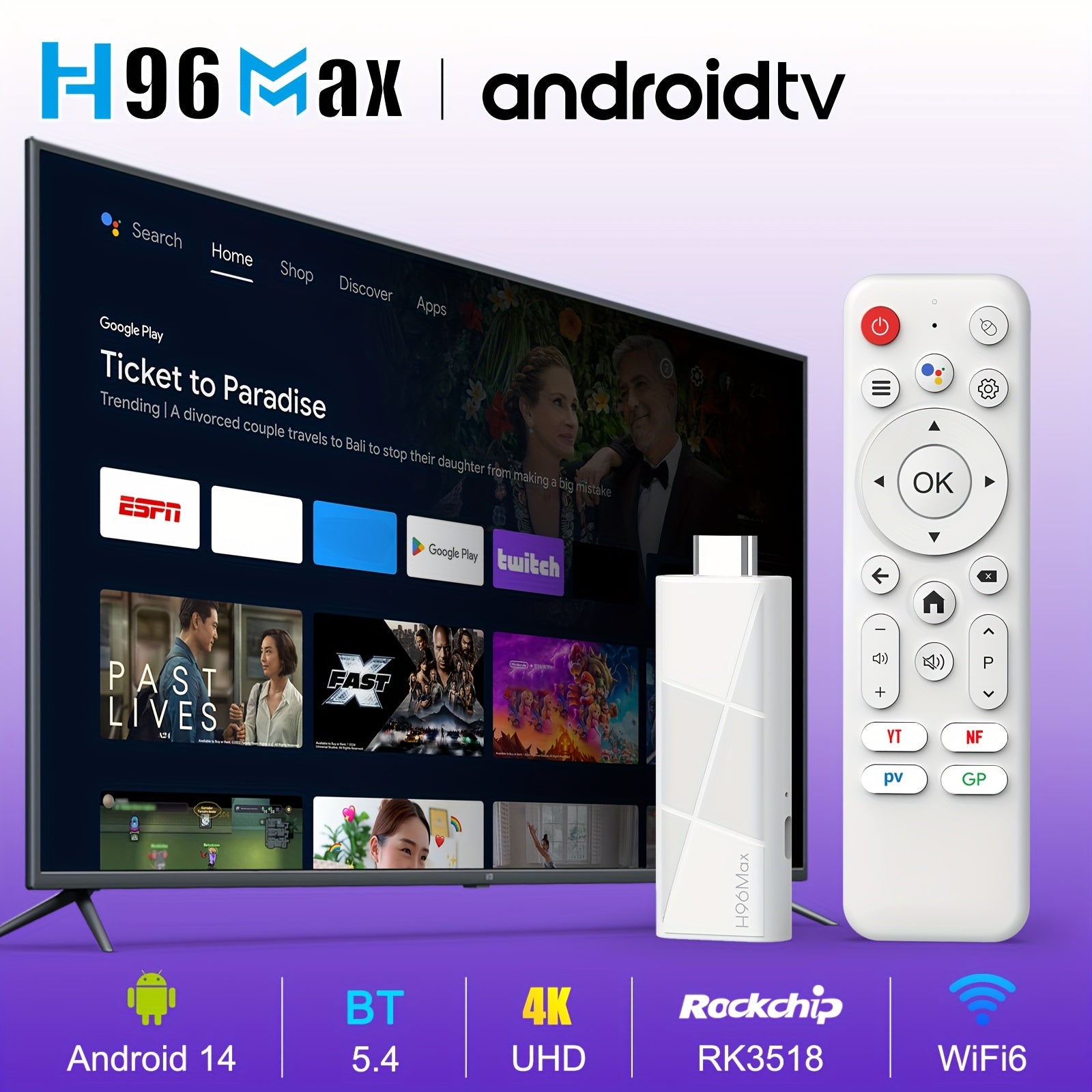 2025 Nueva Llegada H96 MAX RK3518 Smart TV Stick con Android 14.0, WiFi6, BT5.4, Ethernet 100m, Resolución 4K@60Hz, Salida HD, Asistente AI Caja Reproductor de TV