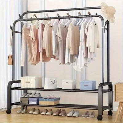 Organizador de Ropa con Ruedas - Estantería Doble para Secado y Almacenamiento de Zapatos, Soporte Plástico Resistente para Dormitorio o Armario, Solución Multifuncional Ahorradora de Espacio, Diseño Eficiente con Barras Dobles
