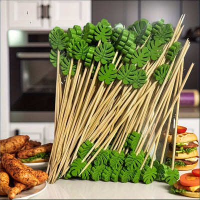 100pcs/50pcs Palitos para Cócteles Tropicales, Palillos de Monstera para Cócteles, Palillos Decorativos para Fiestas, Palos de Bambú Hawaiano, Palitos para Aperitivos y Bebidas Frutales Regalo de Halloween
