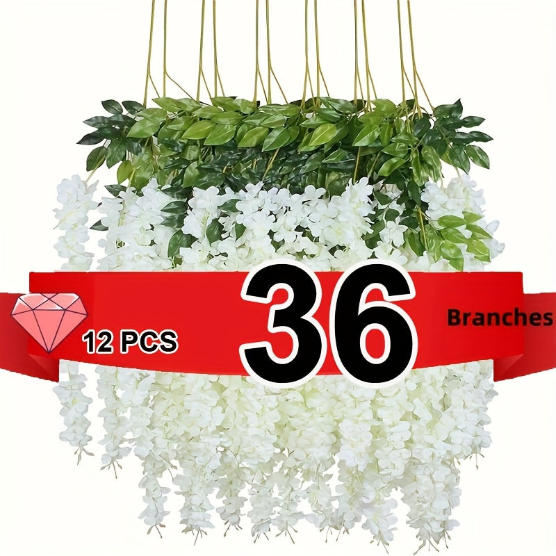 36 Ramos de Glicinas Artificiales Realistas Colgantes - Enredaderas Cascadas Blancas Espectaculares, Ideales para Bodas, Jardines y Decoraciones DIY - 110.12 cm de Largo, Perfectos para Temporada Nupcial, Navidad y Fiestas de San Valentín