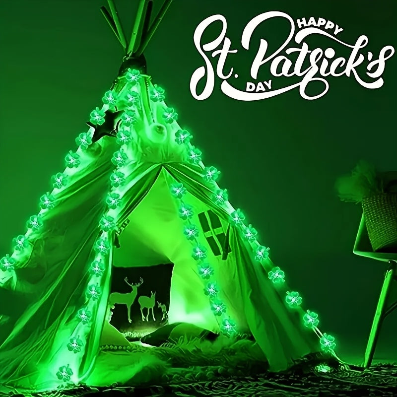 1 juego de luces LED verdes en forma de trébol de cuatro hojas para el Día de San Patricio, adecuadas para carnaval irlandés, fiestas, dormitorio, Día de la Madre, días festivos, decoración interior con cuerdas luminosas, alimentado por caja de baterías,
